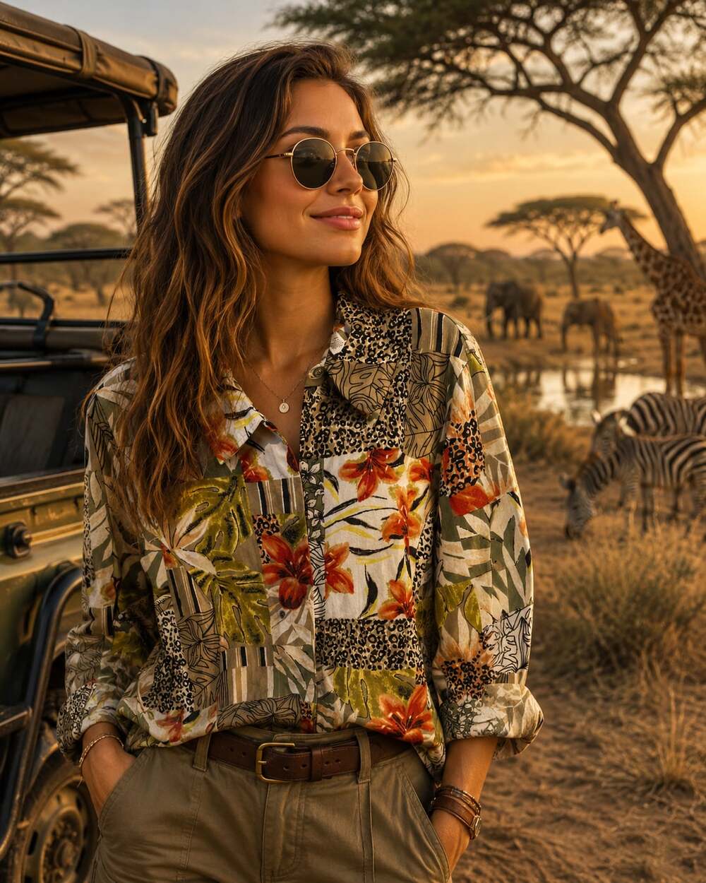 Vintage Y2K Draper's & Damon's Women's Long Sleeve Patchwork Jungle Print Sz.L